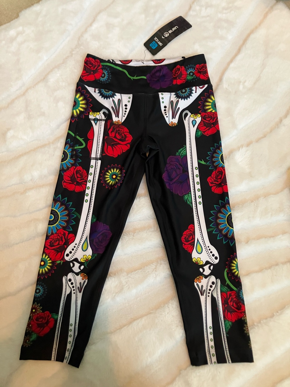 INKnBURN Black Leggings with Colorful Floral & Sugar Skull Bone Print